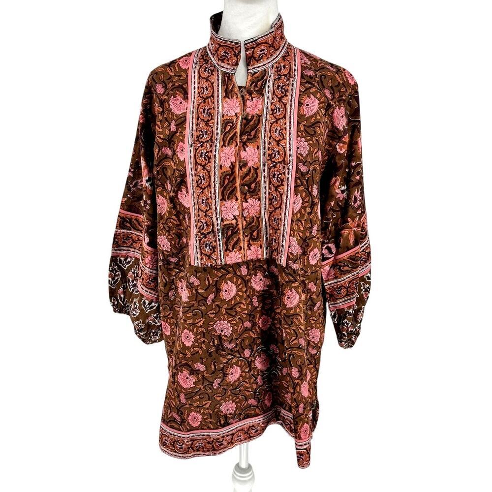 Sue Sartor Bangalore Tunic Block Print Harvest Hues 100% Cotton Sz L - Picture 1 of 10